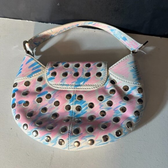 BCBG Studded Tie Dye Wristlet Bag Blue Pink Neon Club Handbag Silver Upcycle - Picture 4 of 6